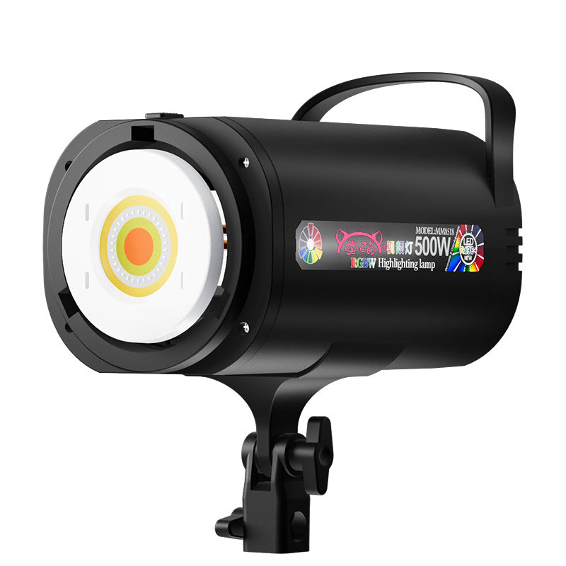 Lámpara de estudio profesional RGBW para fotografía con control de color completo.