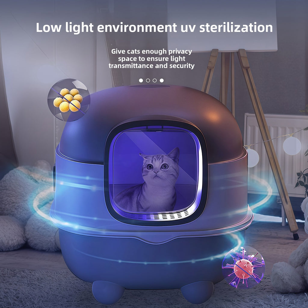 Arenero cerrado para gatos con esterilización UV y control de olores.