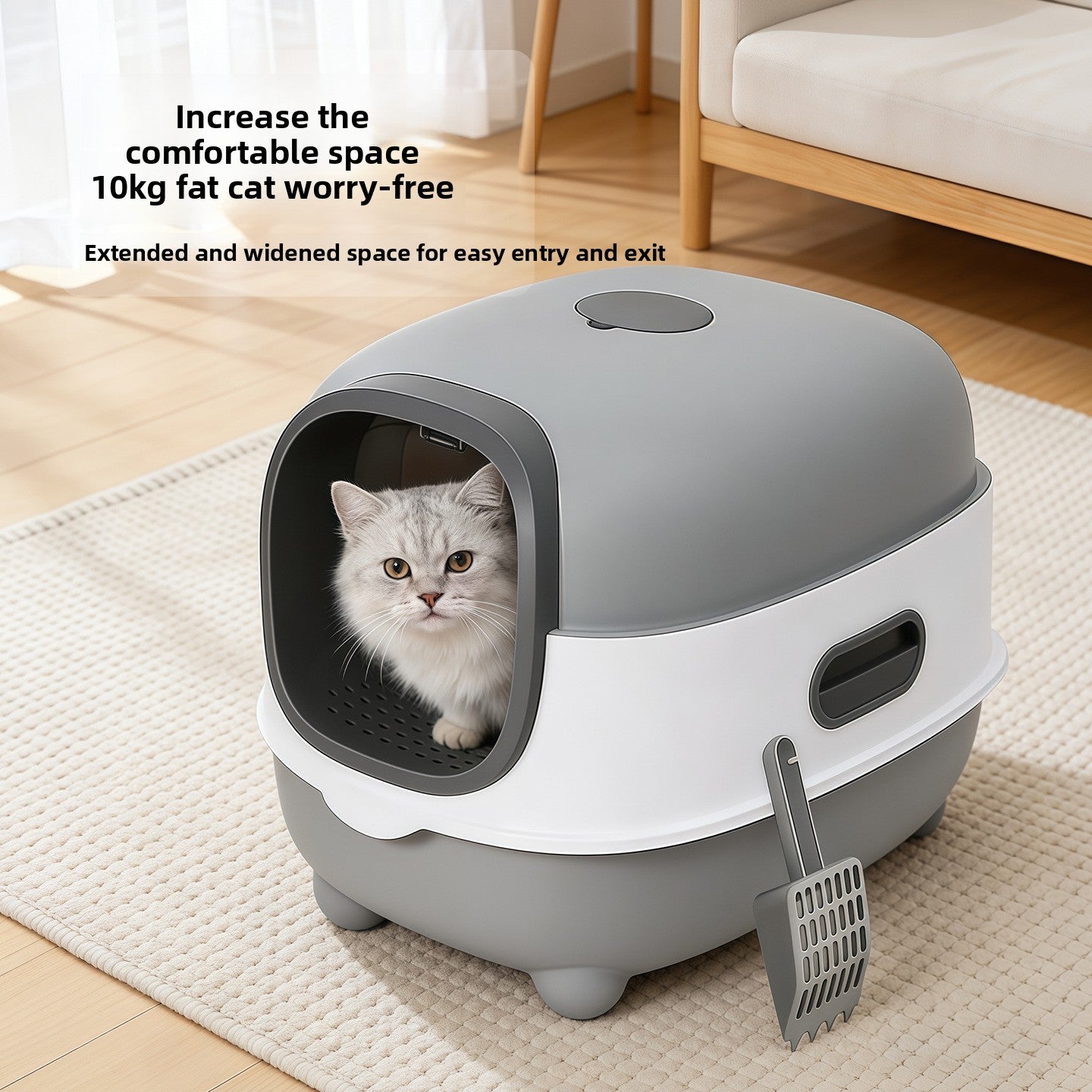 Arenero cerrado para gatos con esterilización UV y control de olores.