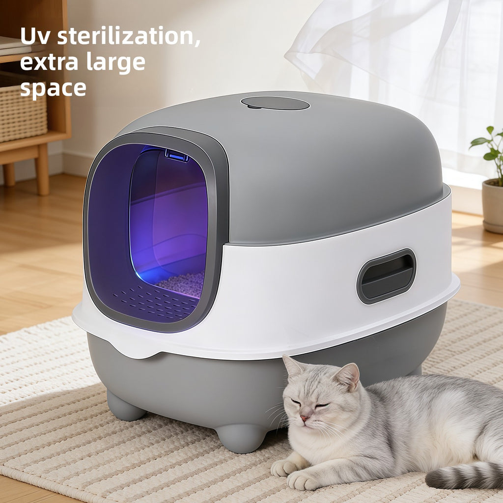 Arenero cerrado para gatos con esterilización UV y control de olores.