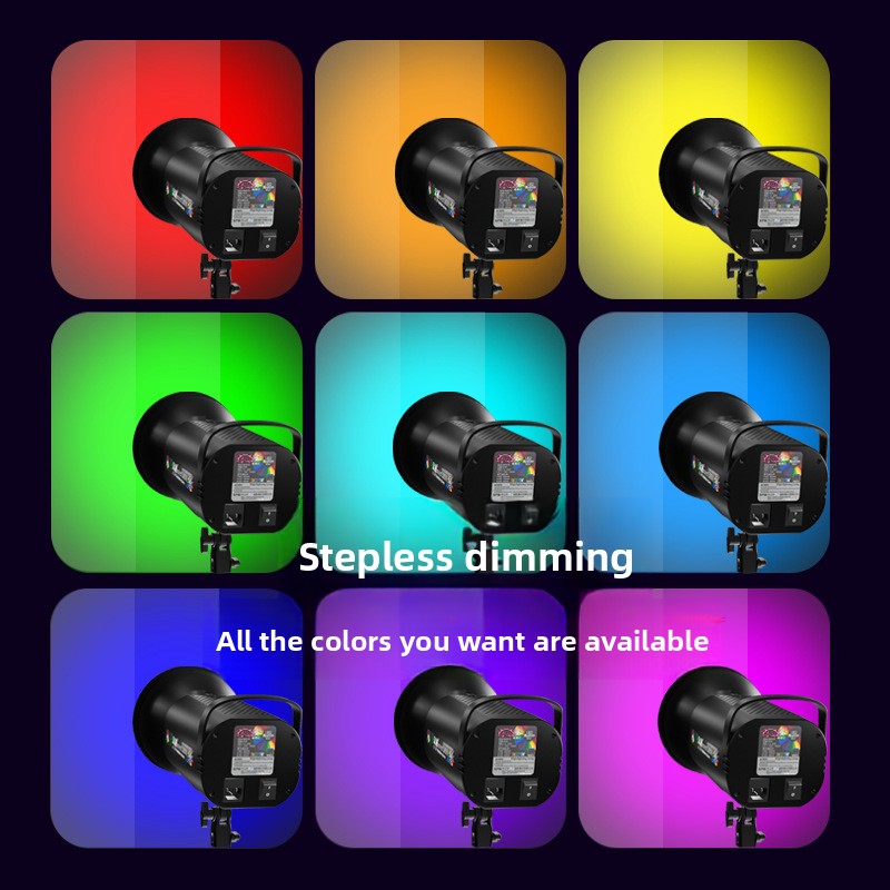 Lámpara de estudio profesional RGBW para fotografía con control de color completo.