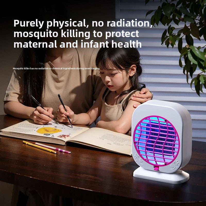 Lámpara antimosquitos portátil recargable por USB con ventilador.