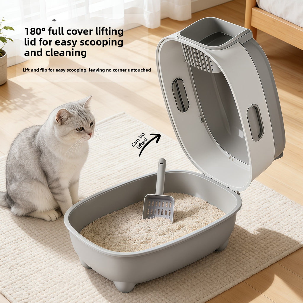 Arenero cerrado para gatos con esterilización UV y control de olores.