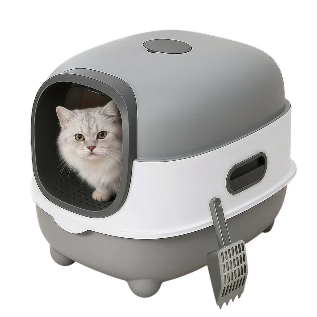 Arenero cerrado para gatos con esterilización UV y control de olores.