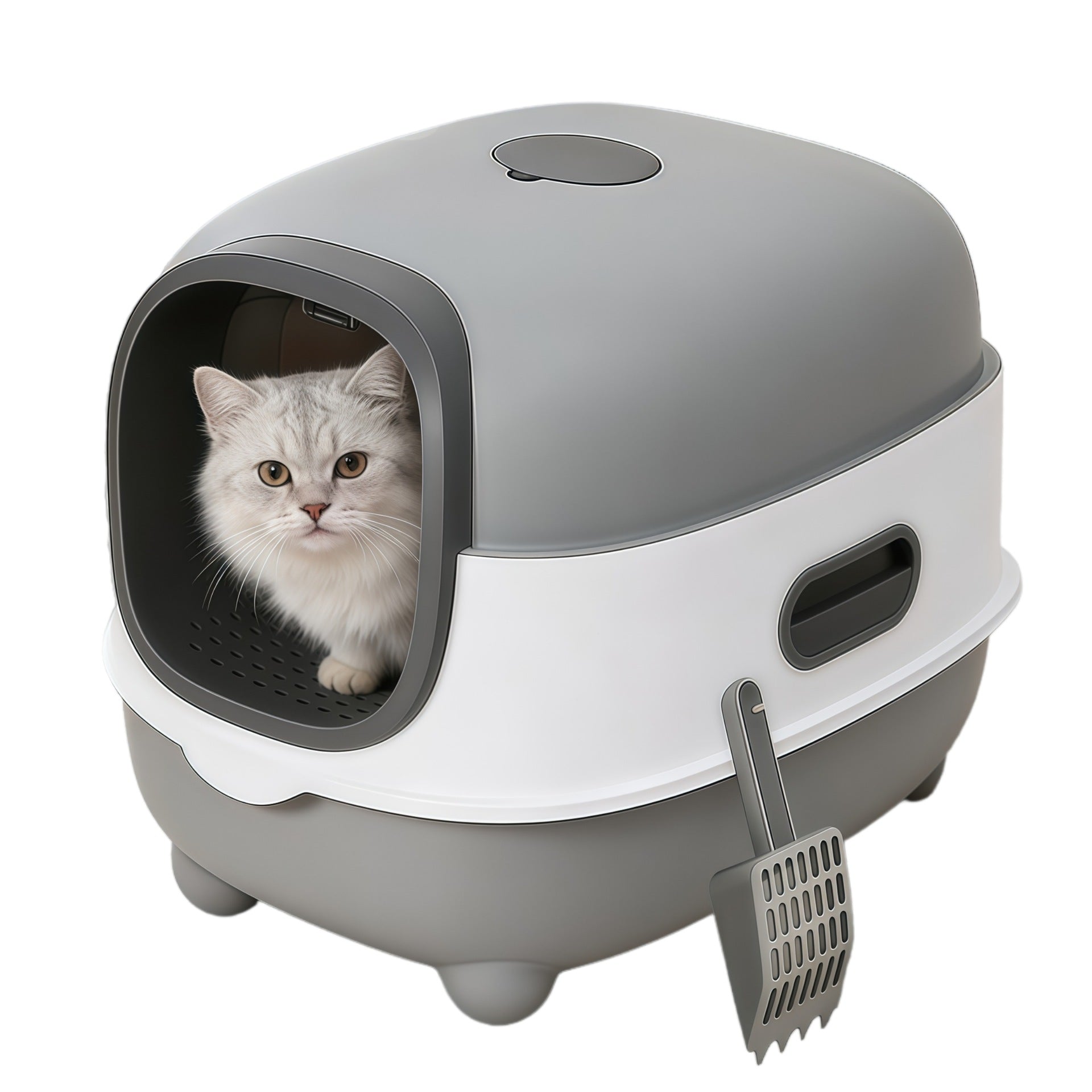 Arenero cerrado para gatos con esterilización UV y control de olores.