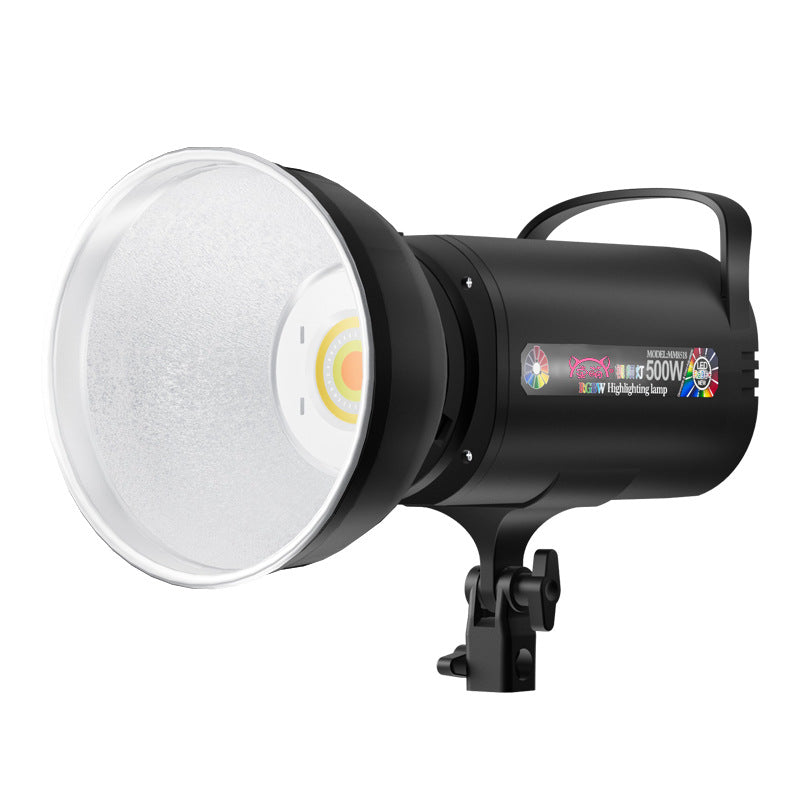 Lámpara de estudio profesional RGBW para fotografía con control de color completo.